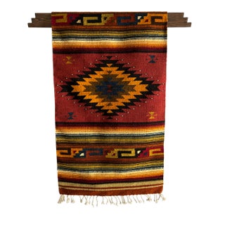 Handwoven Large Zapotec Textile Art With Handmade Wooden Wall Hanger For Sale