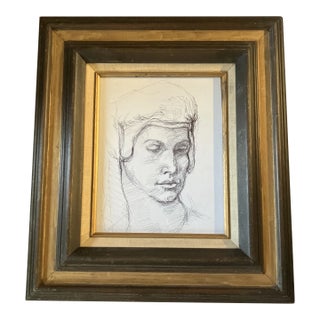 1970’s Original Classical Ink Portrait Drawing Vintage Wood Frame For Sale