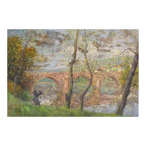 Late 19th Century French River Bridge Landscape Painting