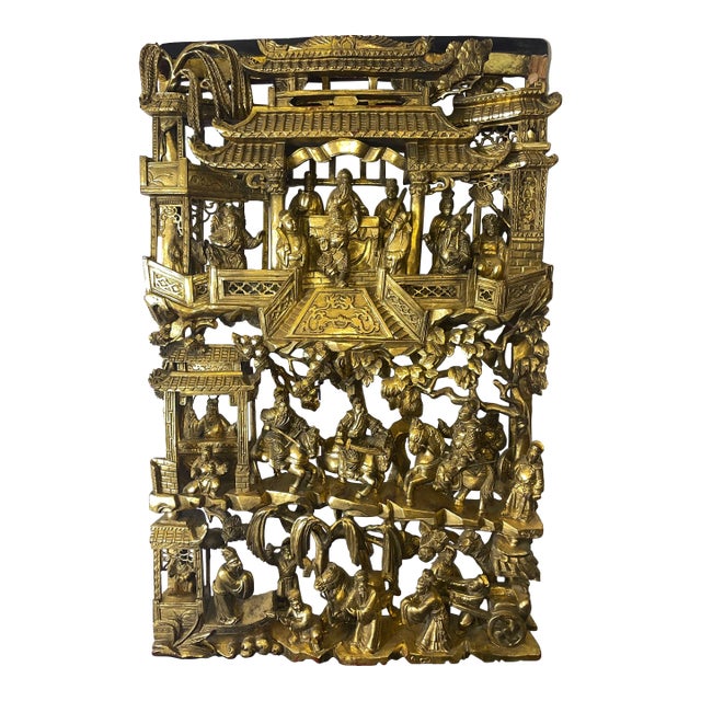 Antique Chinese Carved Deep Relief Gilt Wood Warriors Scenes Panel For Sale