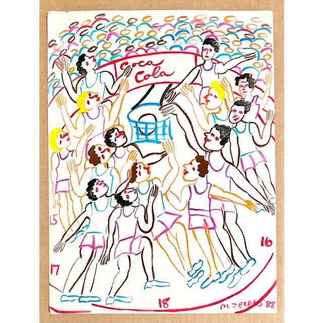 Malcah Zeldis, Malcah Zeldis Folk Art Gouache Painting Sports Basketball Arena Coca Cola Sign, 1988 For Sale In Miami - Image 6 of 8