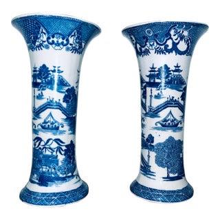 1940s Chinese Blue & White Porcelain Trumpet Vases For Sale
