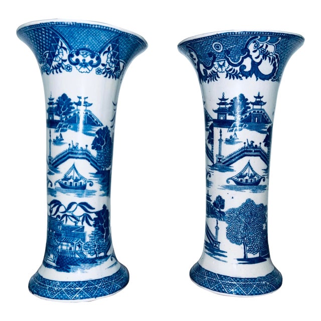 1940s Chinese Blue & White Porcelain Trumpet Vases For Sale