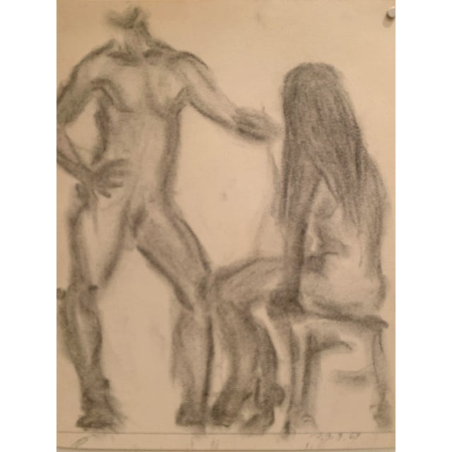 "Male and Female Nudes" Mid Century Male and Female Nude Charcoal and Ink Drawing For Sale