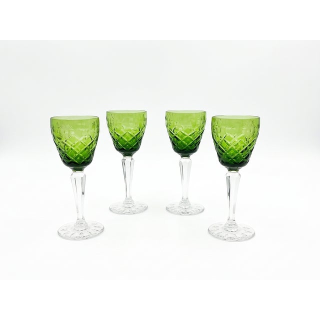 Mid-Century Modern Green Cut-to-Clear Crystal Glasses with Ubique Geometric and Floral Etching, 1960s, Set of 4 For Sale - Image 3 of 3