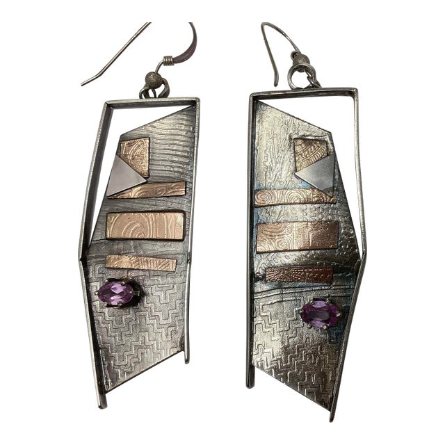 Late 20th Century Pair of Lynda Thorp Abstract Modernist Earrings, Sterling, Mixed Metal, W Purple Stone. For Sale