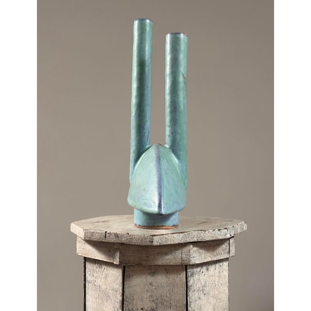 Vintage Japanese Modernist Turquoise Double Stem Ikebana Ceramic Vessel, Signed For Sale In Philadelphia - Image 6 of 11