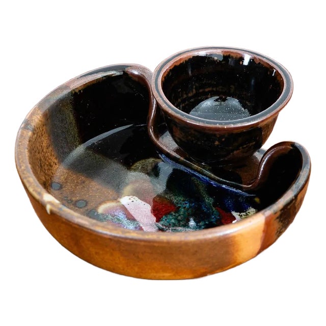 Mid Century Modern Bruce Larrabee Studio Pottery Chip and Dip Dish Bowl, Signed For Sale