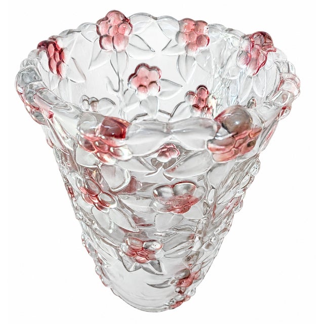 Mid-Century Modern Vintage Mikasa "Rosella" Pink Floral Frosted & Clear Glass 3 Piece Hostess Set - Bowl, Platter & Vase- R For Sale - Image 3 of 5