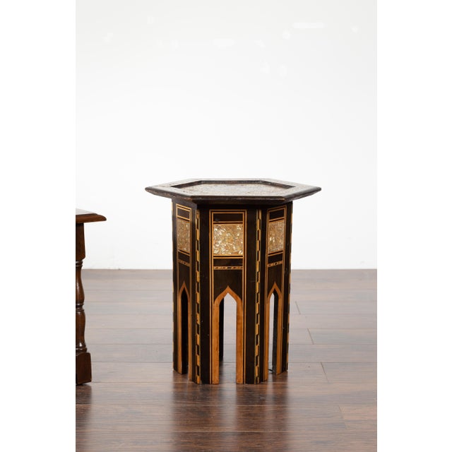 Mid 20th Century Moroccan Midcentury Side Table with Hexagonal Top and Mother-of-Pearl Inlay For Sale - Image 9 of 12