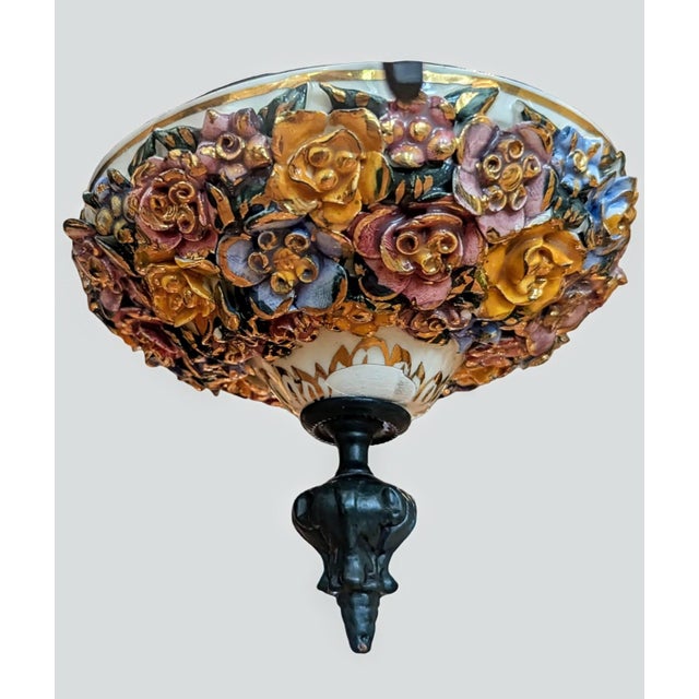 Dark Green 1960s Italian Capodimonte, Faience-Style Porcelain and Wrought Iron Chandelier For Sale - Image 8 of 11
