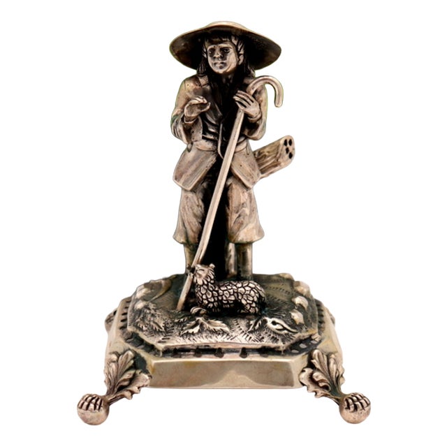 Silver Toothpick Holder with Shepherd Figure For Sale