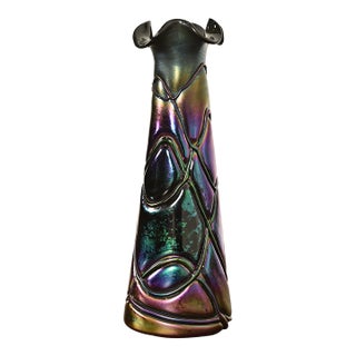 Pallme-Konig & Habel Antique Austrian Threaded Iridescent Art Glass Vase, Circa 1900 For Sale