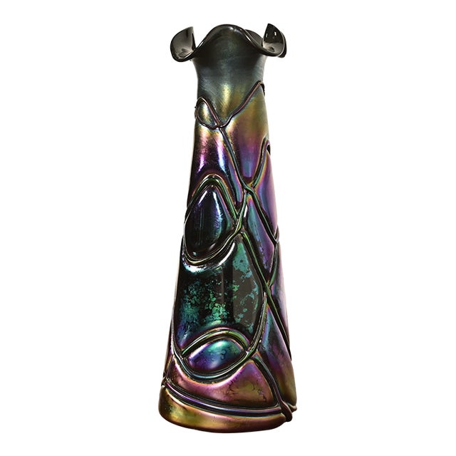 Pallme-Konig & Habel Antique Austrian Threaded Iridescent Art Glass Vase, Circa 1900 For Sale