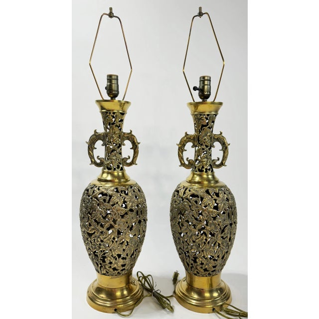 Vintage Reticulated Brass Filigree Table Lamp - Priced Per Lamp For Sale - Image 4 of 9