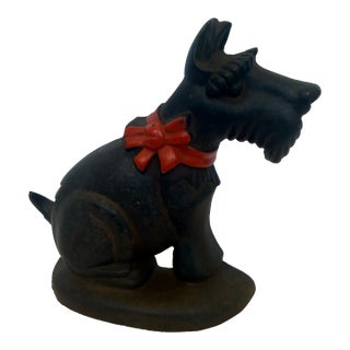 1940s Cast Iron Scottie Door Stop With a Christmas Red Bow For Sale