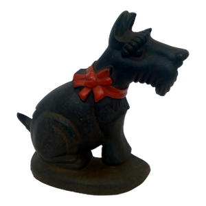 1940s Cast Iron Scottie Door Stop With a Christmas Red Bow