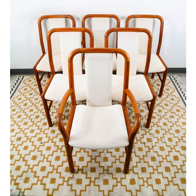 Benny Linden 1970s Solid teak and white fabric set of 6 dining chairs complete with 2 captains armchairs. Nearly unused...