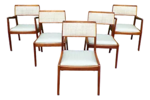 Vintage Mid Century Set of 5 Jens Risom Walnut and Caned Playboy Dining Chairs