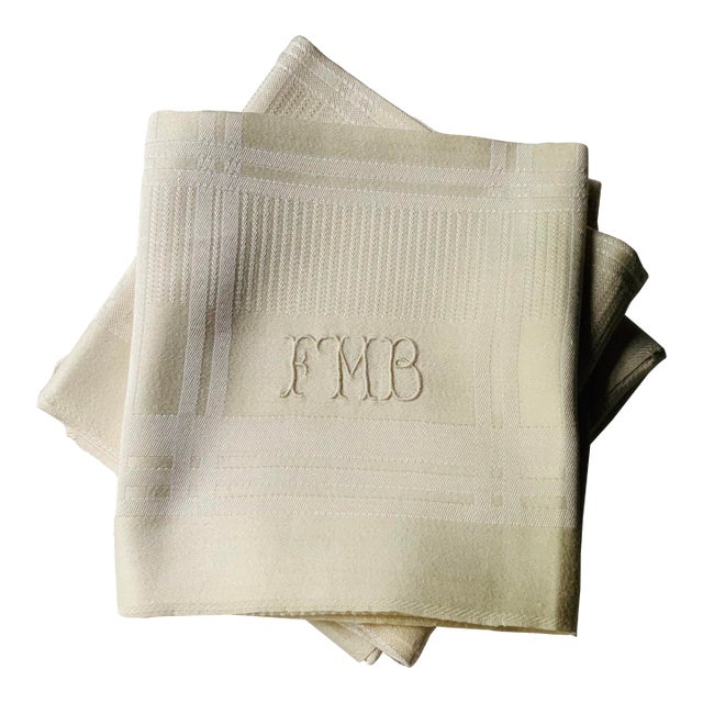 Antique French Damask Linen Dinner Napkins, Monogrammed, Set of 4 | C. 1930s For Sale