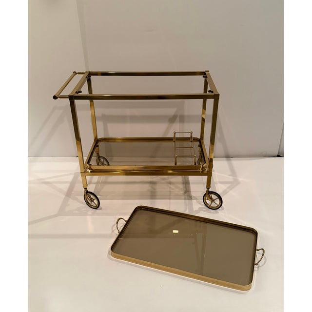 Brass and Tinted Glass Midcentury Modern Barcart For Sale - Image 9 of 15