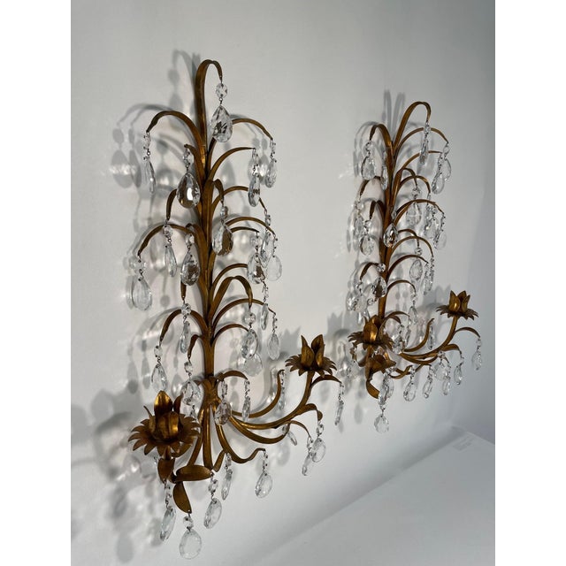 Vintage 19.5" Italian Tole and Crystals Candle Sconces - A Pair For Sale - Image 4 of 17