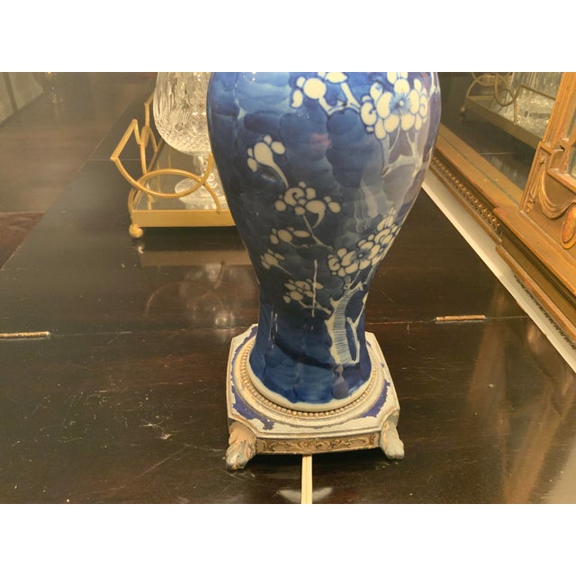 Late 19th Century Vintage Blue and White Cherry Blossom Porcelain Vase Lamp on Metal Base For Sale - Image 5 of 13