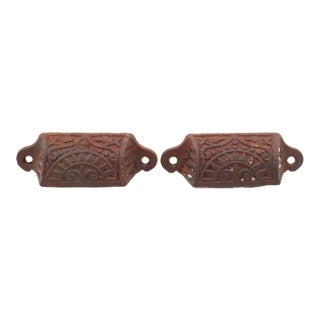Pair of Antique Aesthetic 3.5 In. Black Cast Iron Drawer Bin Pulls For Sale