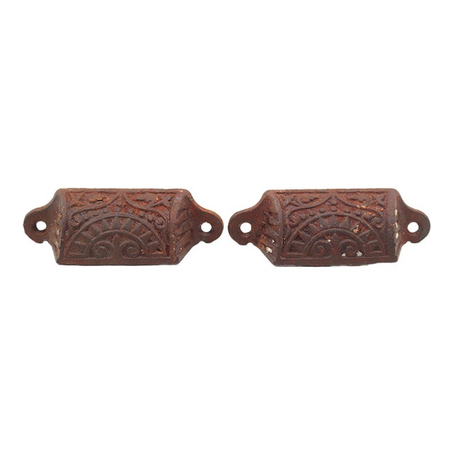 Pair of Antique Aesthetic 3.5 In. Black Cast Iron Drawer Bin Pulls For Sale