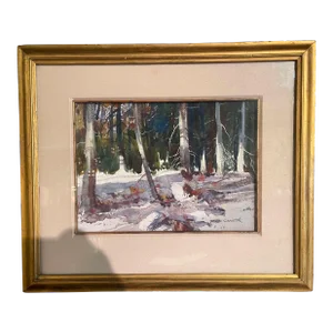 American Winter Forest Watercolor Painting in Gilt Frame Signed G. Carpenter