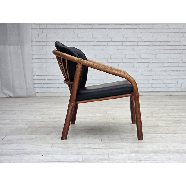 Danish Armchair in Rattan and Black Leatherette, 1970s For Sale - Image 9 of 18