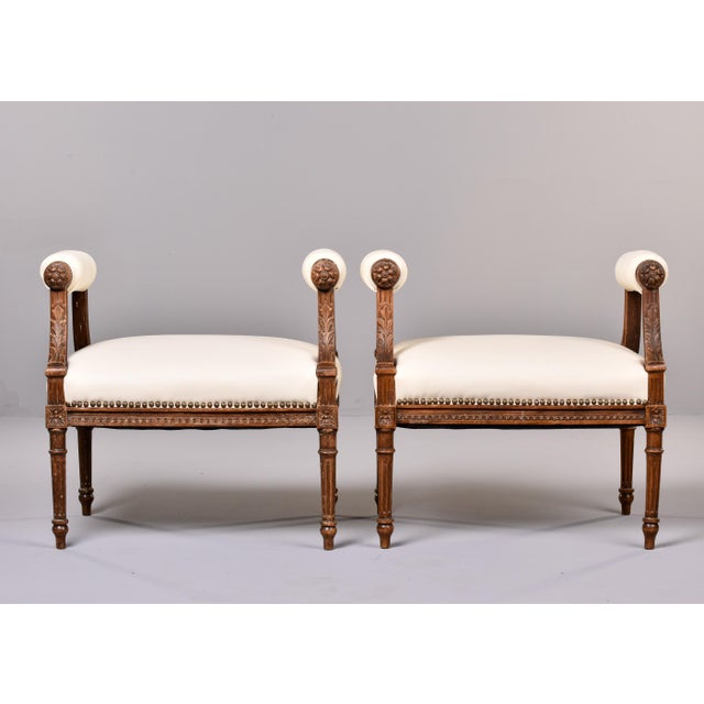 Pair Louis XVI Style Benches With High Upholstered Arms and New Leather For Sale - Image 4 of 12