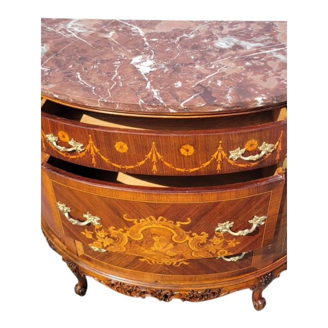 Brass 1920s French Walnut Rosewood Inlay Demilune Sideboard Cabinet Marble Top For Sale - Image 8 of 14