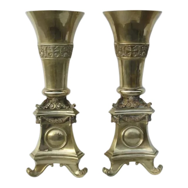 Monumental Brass Interchangeable Top Vases / Pricketsticks - A Pair For Sale