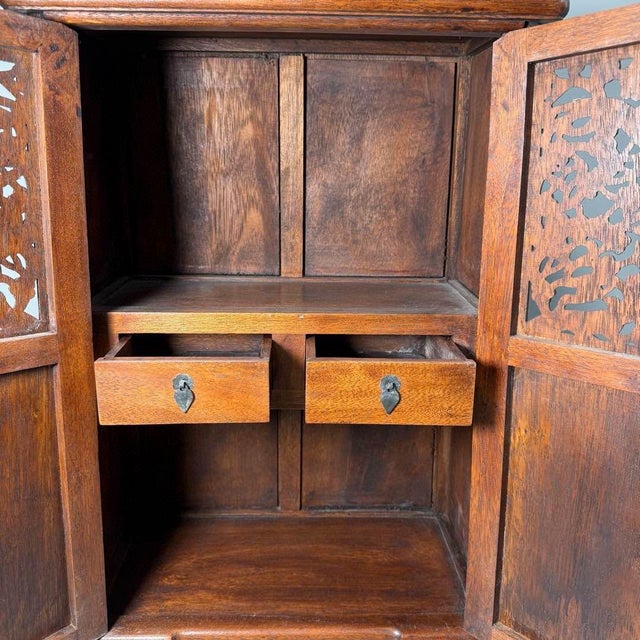1990s Carved Hardwood Two-Door Cabinet With Plum Blossom Motifs For Sale - Image 4 of 9