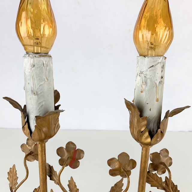 Pair Antique Vintage Victorian Tole Metal Flower Table Lamps Cast Base For Sale - Image 10 of 12