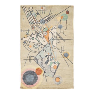 5x8 Kandinsky-Inspired Abstract Art Area Rug – Modern Art Deco Hand-Knotted Wool For Sale