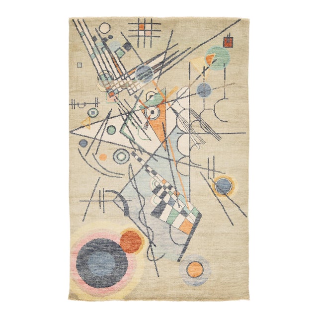 5x8 Kandinsky-Inspired Abstract Art Area Rug – Modern Art Deco Hand-Knotted Wool For Sale