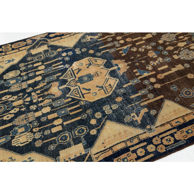1950s Brown and Blue Vintage Persian Wool Rug Handmade With Geometric Design For Sale - Image 5 of 9
