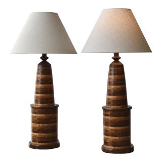 Vintage Large Scale Striped Parquetry Bottle Lamps, a Pair, Circa 1960s For Sale