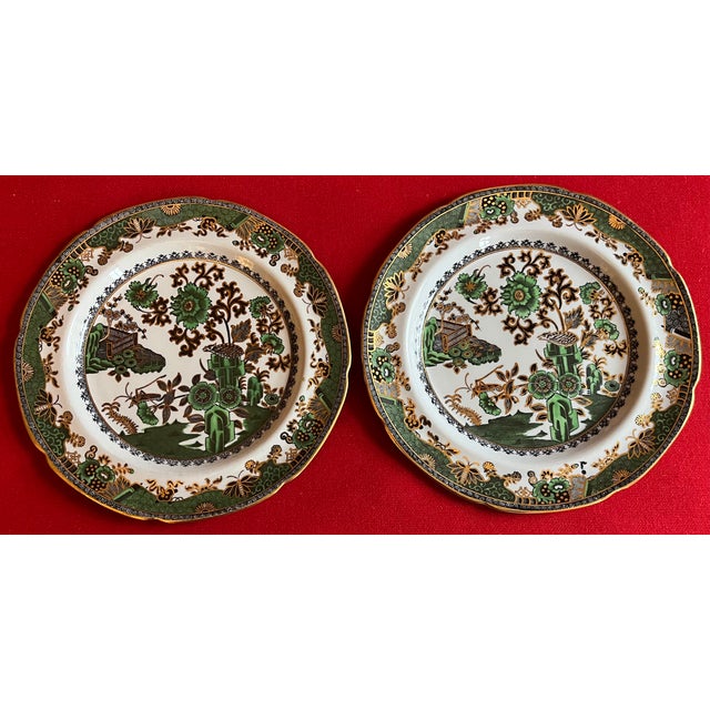 Antique 19th Century Spode Chinoiserie Ironstone Dinner Plates in Green & Black With Gold - A Set of 10 For Sale - Image 13 of 18