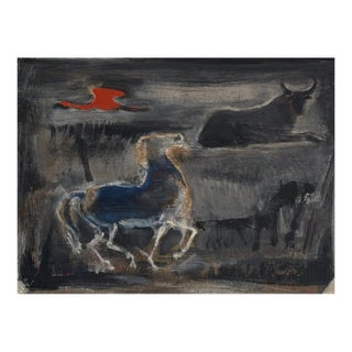 Karl Schlageter Mid Century Modern Oil Painting - Horse & Bull For Sale