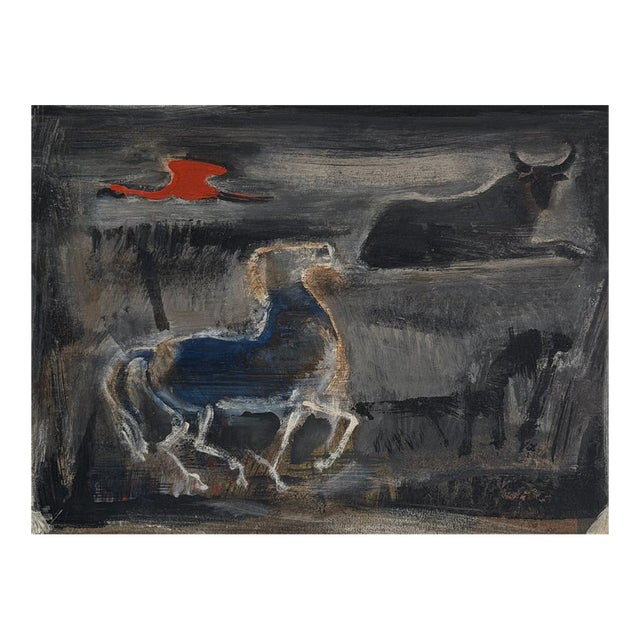 Karl Schlageter Mid Century Modern Oil Painting - Horse & Bull For Sale