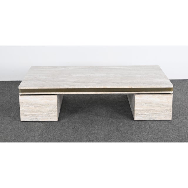 Contemporary 1980s Travertine and Stainless Steel Coffee Table Manner of Karl Springer For Sale - Image 3 of 10
