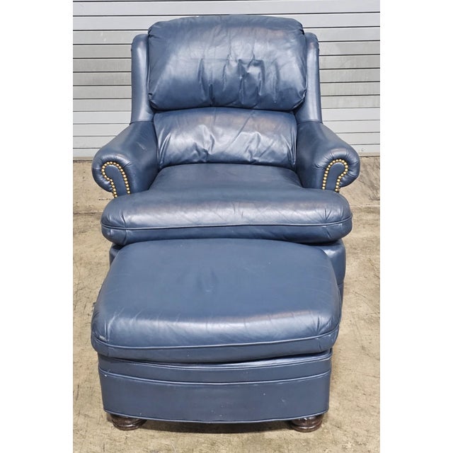 Store Item: Hancock & Moore Blue Leather Club Chair Arm Chair w Match Ottoman Made in the USA Description: Chair features...