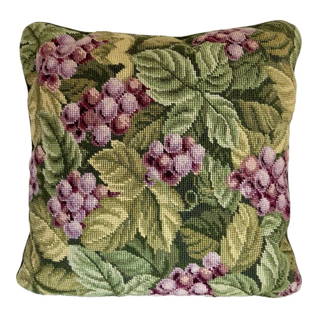 Vintage Grapevine Needlepoint and Velvet Accent Pillow For Sale