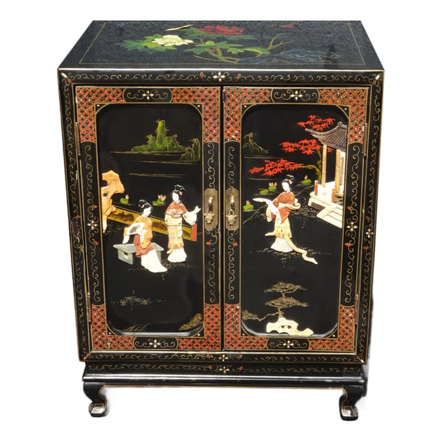 Vintage Oriental Black Lacquer Hand Painted Two Door Cabinet ~ Mother of Pearl For Sale