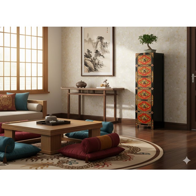 Tibetan Style Red Flower Graphic Slim Narrow 6 Drawers Storage Cabinet For Sale In San Francisco - Image 6 of 11