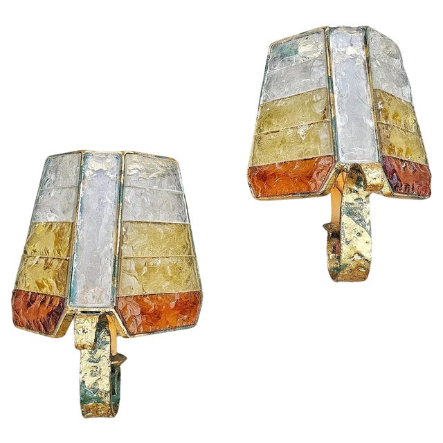 Brutalist Sconces in Hammered Glass from Longobard, 1970s, Set of 2 For Sale
