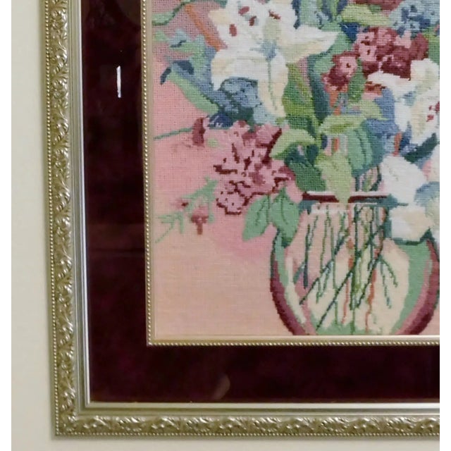 1970s Large Vintage Silver Leaf Framed Red Velvet Floral Needlepoint Hanging Wall Picture For Sale - Image 5 of 7
